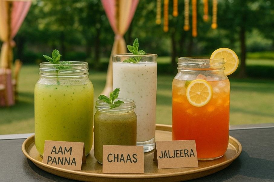 Image consist of Refreshing Indian summer drinks like aam panna, chaas, and jaljeera at a wedding beverage counter